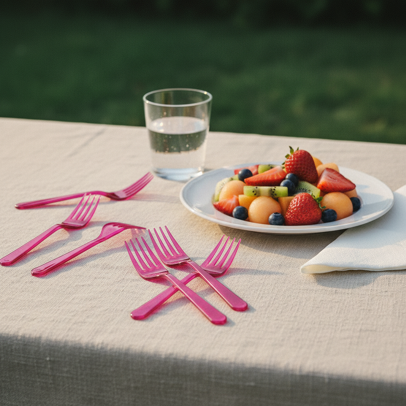 Posate riutilizzabili per feste ed eventi: forchette Dopla Compact fucsia, 18 cm, lavabili in lavastoviglie, 15 pz. Pratiche e sostenibili.