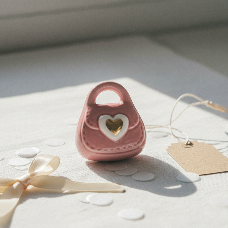 Decora il frigo con il magnete borsetta Etm in porcellana, H.6 cm, 3 colori assortiti. Bomboniera e regalo originale.