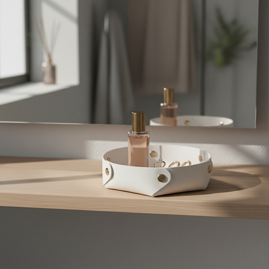 Svuota tasca tondo Etm ecopelle bianco Ø 18 cm: porta chiavi, gioielli e monete con stile. Bomboniera e regalo.
