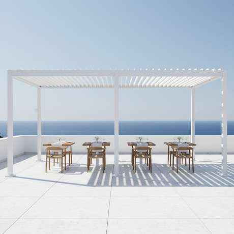 Pergola bioclimatica Vulcano 3x6 m bianca in alluminio, lamelle orientabili a manovella, garanzia 10 anni