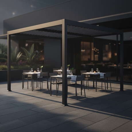 Pergola Bioclimatica Vulcano 4x4 Antracite – Ristorante Upscale Cena Basalto