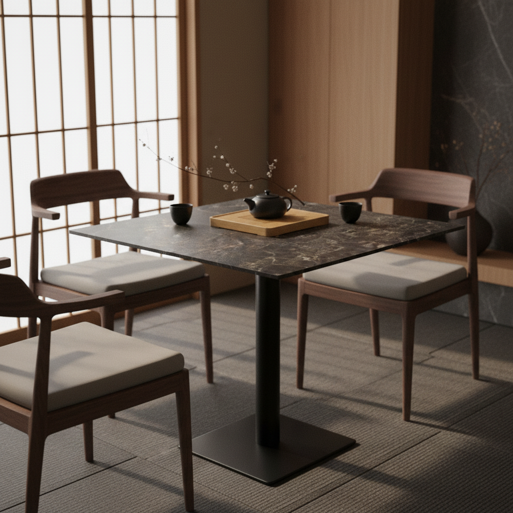 Piano tavolo HPL 70×70 cm sp. 10 mm finitura Oriental Plamky effetto pietra scura, antigraffio. Made in Italy per bar e ristoranti