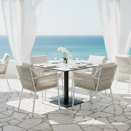 Piano tavolo HPL 80×80 cm sp. 10 mm finitura Calacatta effetto marmo bianco, antigraffio e impermeabile.