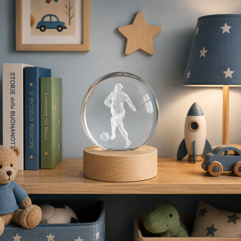 linea due elle linea due elle lumetto a sfera calciatore con base in legno d 6 cm h 8 cm bomboniera lampada decorativa sportiva ean 8033551046489