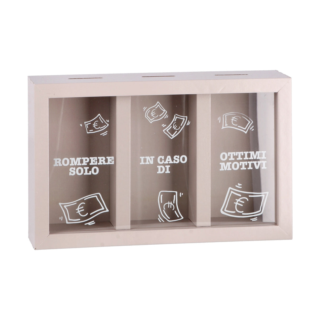 Italienisches Geschenk Italienisches Geschenk Sparbüchse aus MDF und Glas, 3 Fächer, 23 x 6 cm, H 15 cm, dekorative, moderne Sparbüchse, 1 Stück, EAN 8057586123694