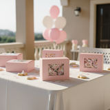 Scatola fibra rosa Scotton 8×8×3cm finestra PLA e divisorio CONF 10 PZ. Bomboniera elegante per cerimonie e ricevimenti. ean 8007402365593