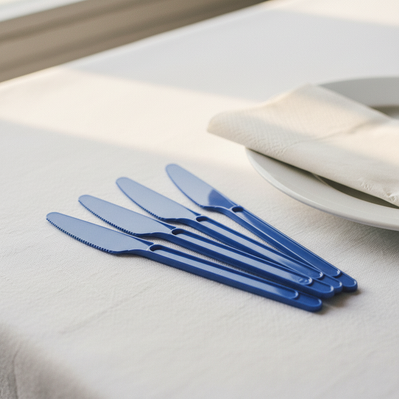 Coltelli monouso blu Dopla in plastica alimentare resistente, conf. 20 pz: igienici, pronti all'uso. Ideali per feste, picnic e catering.