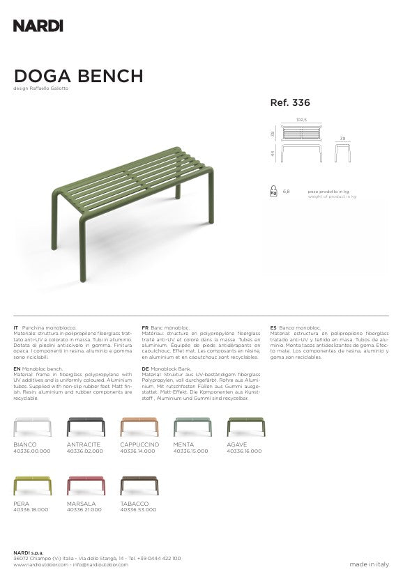 Nardi Doga Bench New Panchina da Esterno colore Pera 102,5 x 44 x 39 cm – Panchina Moderna per Giardino e Terrazzo