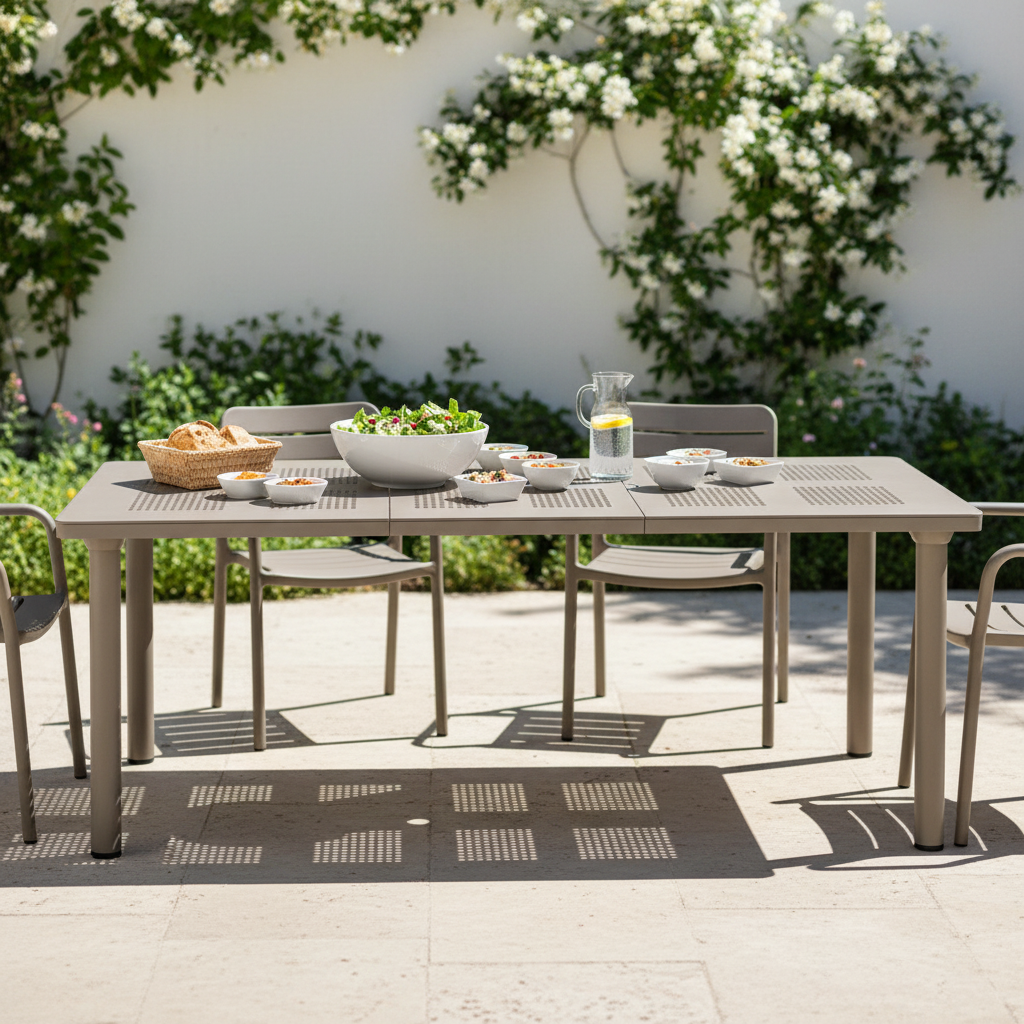 Tavolo Libeccio Tortora chiuso su patio