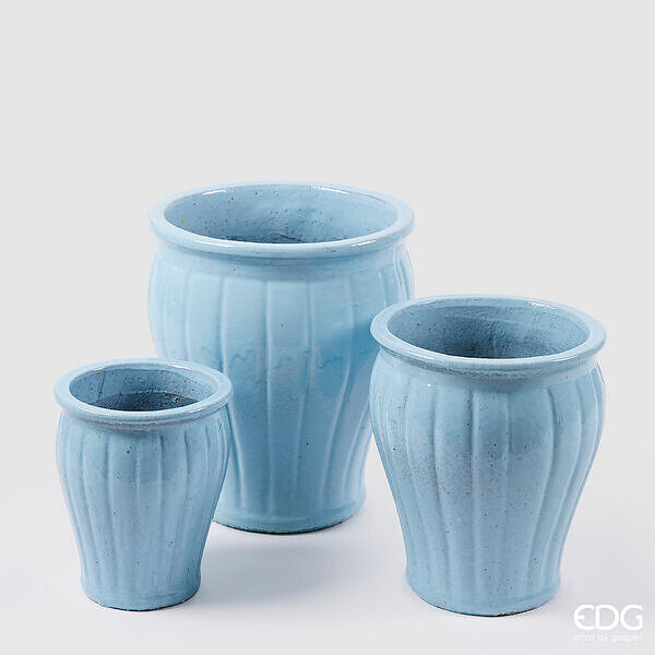 EDG Enzo De Gasperi Vaso Glaze Svasato a Righe Set 3 Pz H 40 Cm H 33 Cm H 25,50 Cm Light Blue